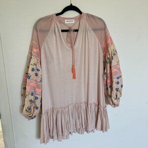 MELANIE' NUDE PINK EMBROIDERED AND FLORAL BALLOON SLEEVE MINI DRESS WITH TASSEL